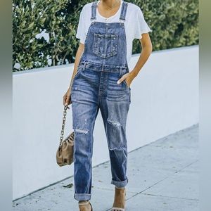 Distressed Denim Overalls with Pockets